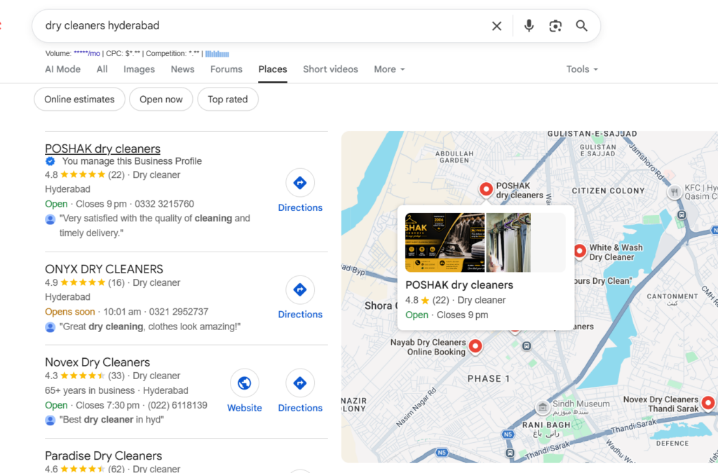 dry cleaners in hyderabad keyword rank on google
