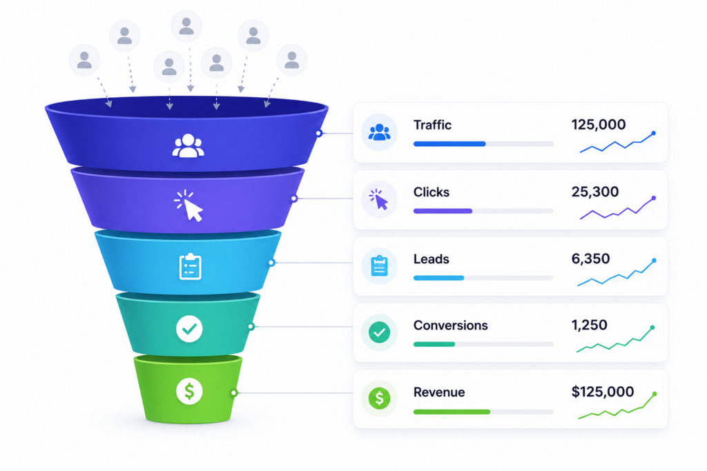 Performance marketing funnel from traffic to conversions and revenue