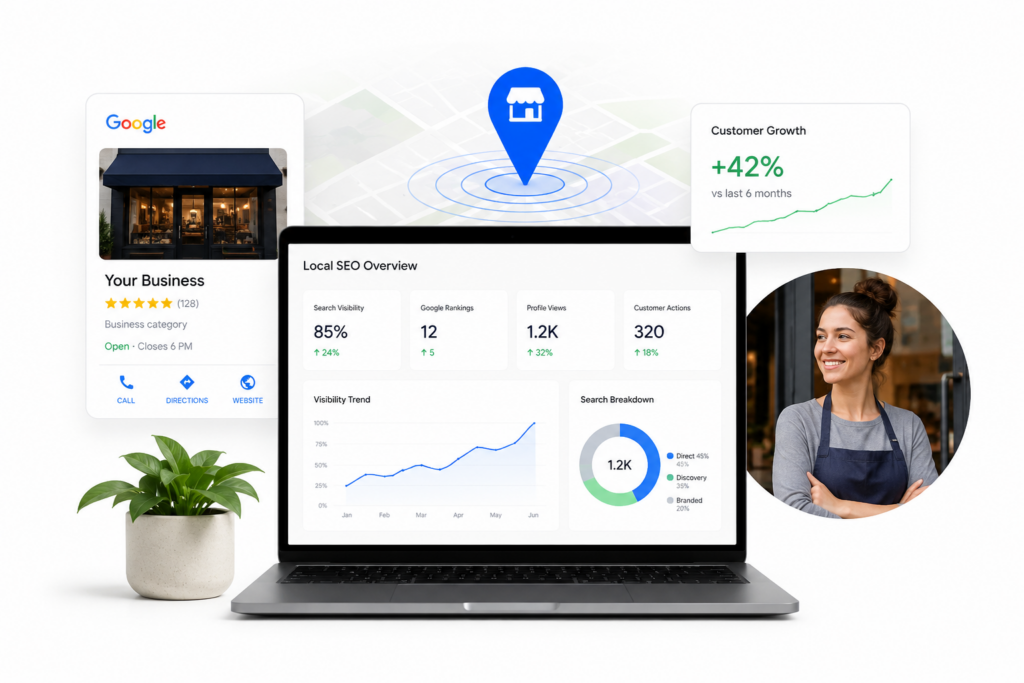 Local SEO for small business showing local visibility and business growth